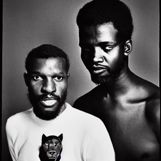 Image similar to a handsome african man and the black panther, black and white, by richard avedon,