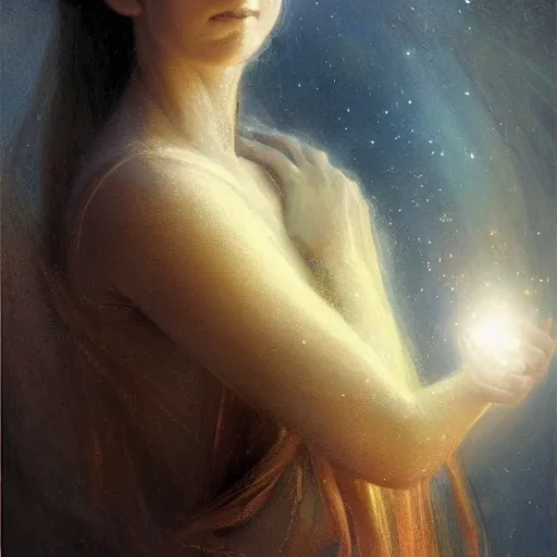 Prompt: A woman holding!!!!! Earth in her eloquently gentle palms while she solemnly meditates about what to do next in the creation of the universe, illustrated by Greg Rutkowski and Gaston Bussiere, vividly radiantly beautiful lighting, closeup!!!!!, portrait imagery!!!!!, dazzling dappled lighting, subsurface scattering, light refractions, trending on artstation, 4k, 8k!!!!!