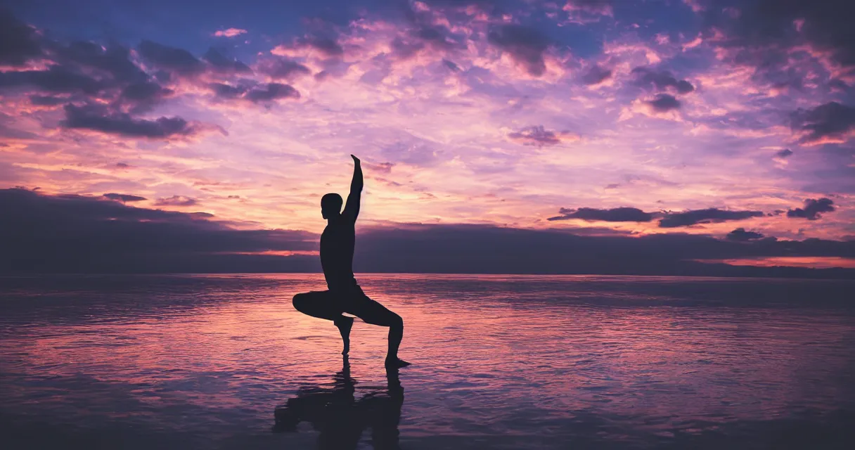 Image similar to wide range photo silhouette of a man doing yoga, at a beautiful sunset, highly detailed, colorful,