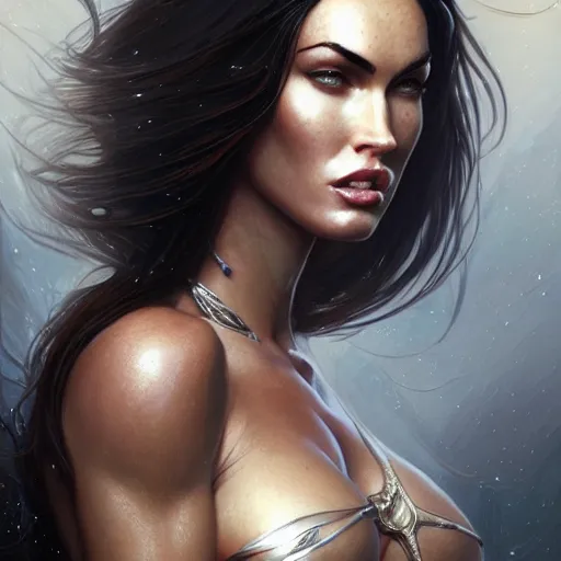Prompt: portrait of megan fox, muscular upper body, bikini, fantasy, intricate, elegant, highly detailed, digital painting, artstation, concept art, matte, sharp focus, illustration, art by aenaluck and roberto ferri and greg rutkowski, epic fantasy, digital painting