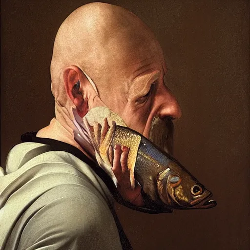 Prompt: the portrait of realistic fish man, in the style of Caravaggio, soft lighting, masterpiece, 8k,