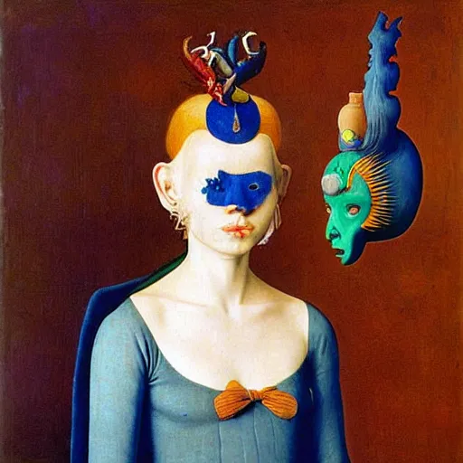 Prompt: portrait of albino girl with blue eyes, with beautiful exotic, archaic, prehistoric, Balinese mask, sculpture. Painting by Jan van Eyck, Audubon, Rene Magritte, Agnes Pelton, Max Ernst, Walton Ford,