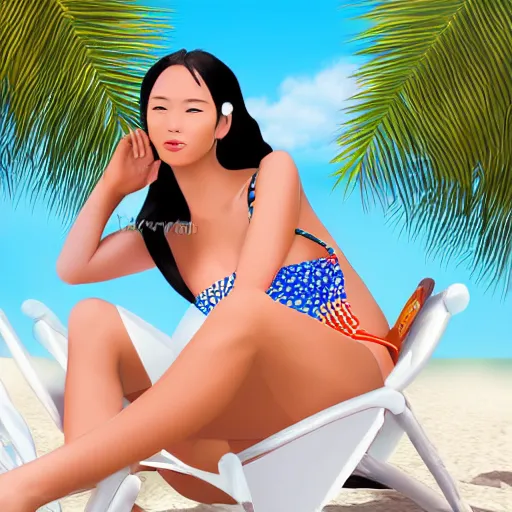 Image similar to a portrait of a young asiatic lady on a beach chair , perfect and detailed face, hot summertime hippie, sparky swimsuit , calm sea and beach background , sunny day, perfecly detailed, realistic portrait, perfect design, natural light