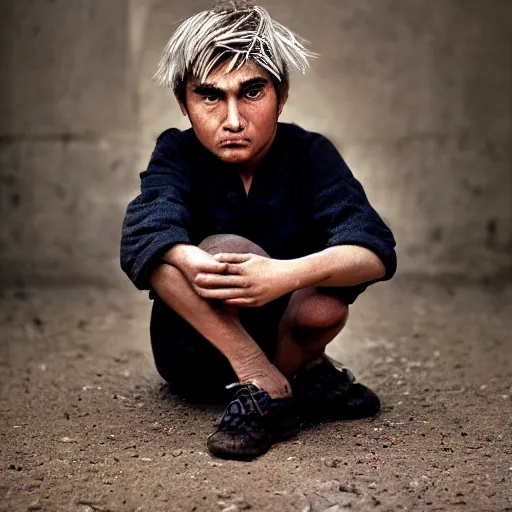 Prompt: portrait of down syndrome xqc, taken by steve mccurry, sharp focus, 4 k editorial photograph, soft lighting, black background