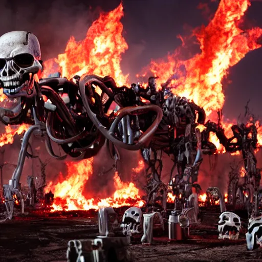 Prompt: terminator endoskeleton graveyard on fire by disney