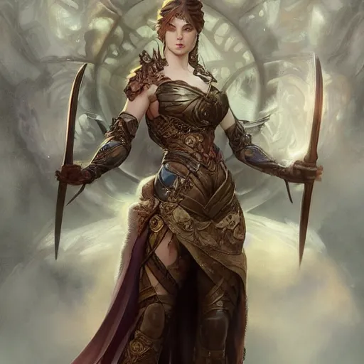 Image similar to fullbody portrait of a fantasy female warrior, intricate, elegant, highly detailed, digital painting, artstation, concept art, matte, sharp focus, illustration, art by Artgerm and Greg Rutkowski and Alphonse Mucha