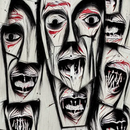 Image similar to multiple faces shredded like paper news screaming, dark horror, surreal, drawing, painting,