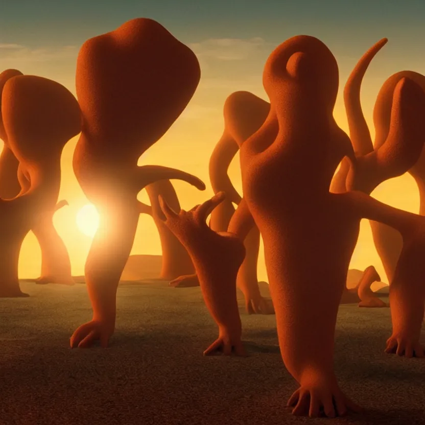Image similar to spy kids thumb people, golden hour lighting, cinematic film still from the movie directed by denis villeneuve with art direction by wayne barlowe and salvador dali, wide lens, f 3 2