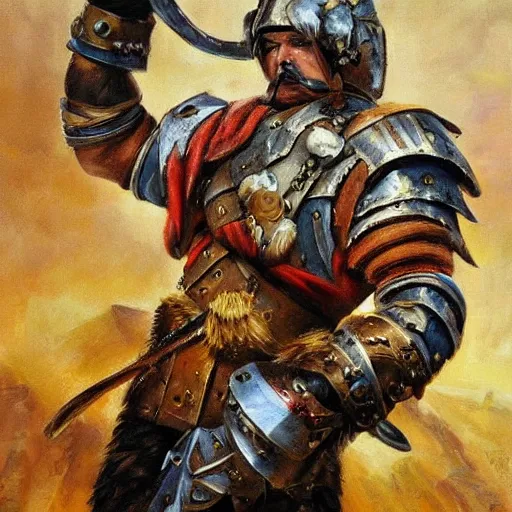 Image similar to a russian warrior who is wearing iron gauntlets in the shape of bear claws in the style of warhammer fantasy : : head and shoulders oil painting