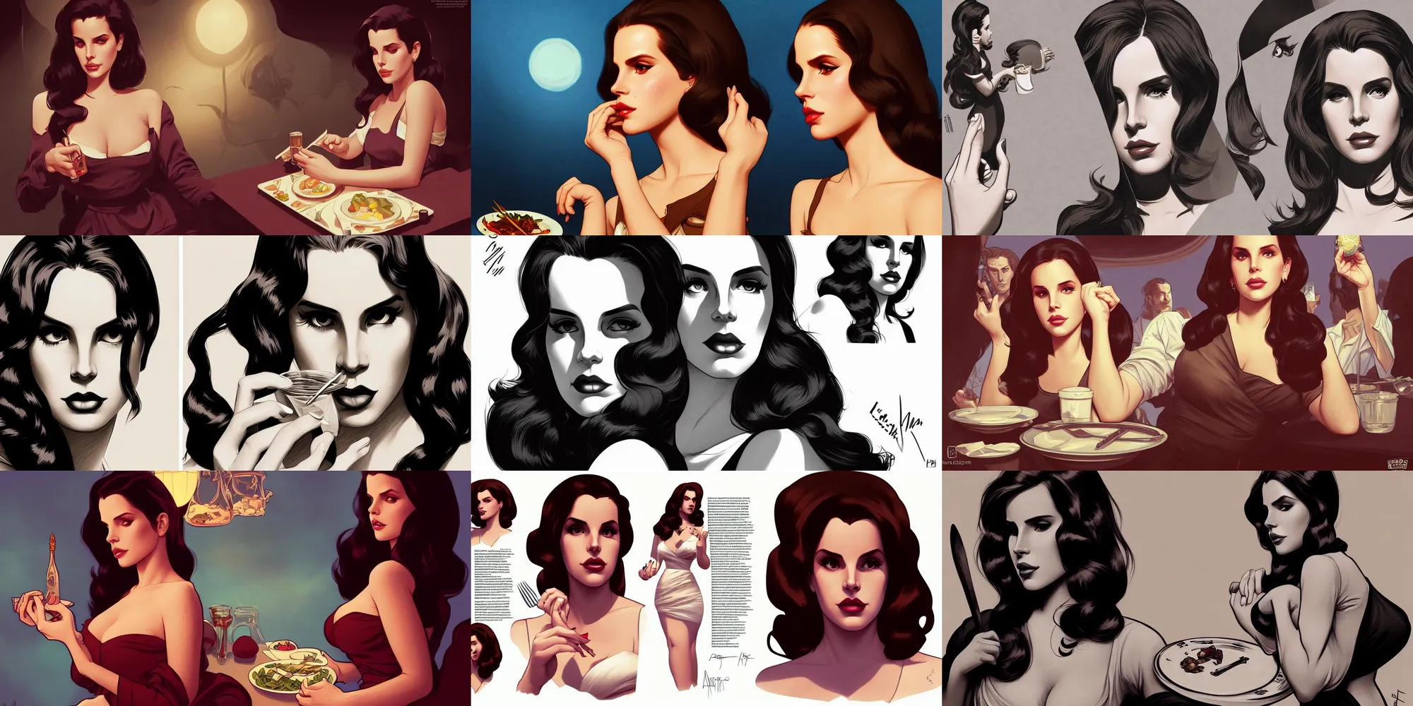 Prompt: lana del rey eating dinner, character sheet, character design, contrast, deep focus, turnaround, highly detailed, dramatic lighting, digital painting, artstation, concept art, matte, sharp focus, illustration, elegant, art by artgerm and greg f and alphonse mucha.