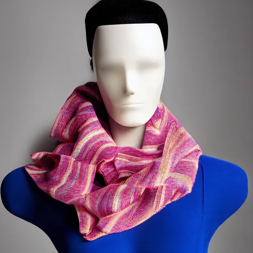 Image similar to a beautiful scarf made out of plastic straws, on a mannequin. studio lighting, high quality, high resolution