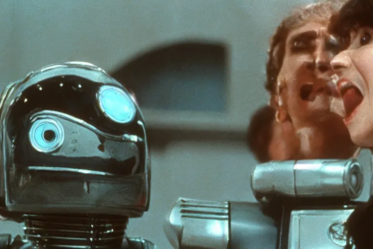 Image similar to a movie still from the 1985 summer blockbuster movie Back to the Robots directed by Steven Spielberg