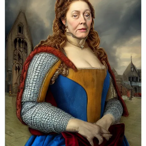 Prompt: portrait of a baroness, painting by michael wellen, john stephens, in a medieval city, tone mapping, airbrushed clouds, trending on artstation