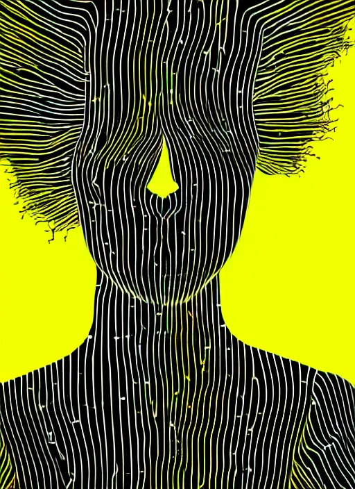 Image similar to highly detailed closeup portrait of wasteland long glowing yellow and white plasma hair tribal lady, stray electric spark wiring by jean jullien, 4 k resolution, gradient yellow, black and white color scheme!!! ( ( dystopian city background ) )