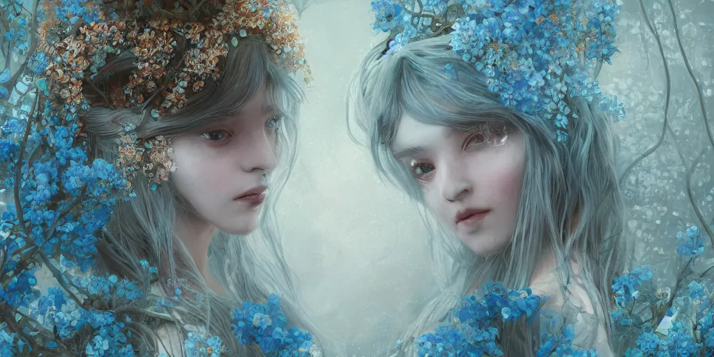 Image similar to breathtaking detailed concept art painting portrait of two hugs goddess of light blue flowers, carroty hair, orthodox saint, with anxious piercing eyes, ornate background, amalgamation of leaves and flowers, by hsiao - ron cheng, extremely moody lighting, 8 k