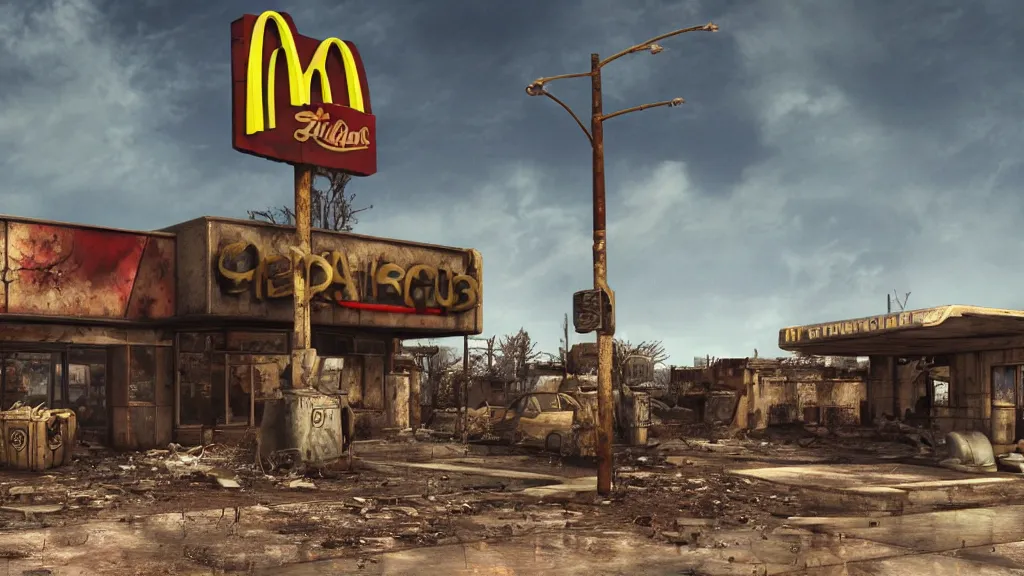 Image similar to post apocalyptic McDonald's, fallout, octane render, 4k