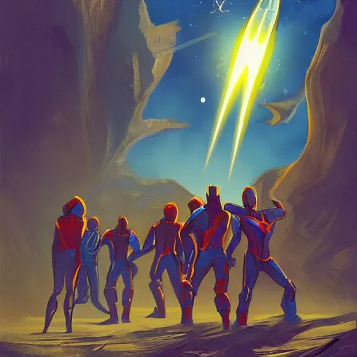 Prompt: a group of people watch a rocket launch on a distant planet, retro, flash gordon, sci fi, comic book cover, artstation, concept art, smooth, sharp focus, illustration,