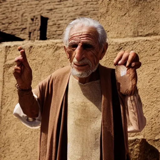 Image similar to cinematic film still of 80 year old Mediterranean skinned man in ancient Canaanite clothing stands in front of Noah's ark. Storm clouds. directed by Steven Spielberg