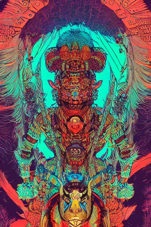 Image similar to totem animal tribal chaman vodoo mask feather gemstone plant video game illustration vivid color borderlands and by feng zhu and loish and laurie greasley, victo ngai, andreas rocha, john harris radiating a glowing aura