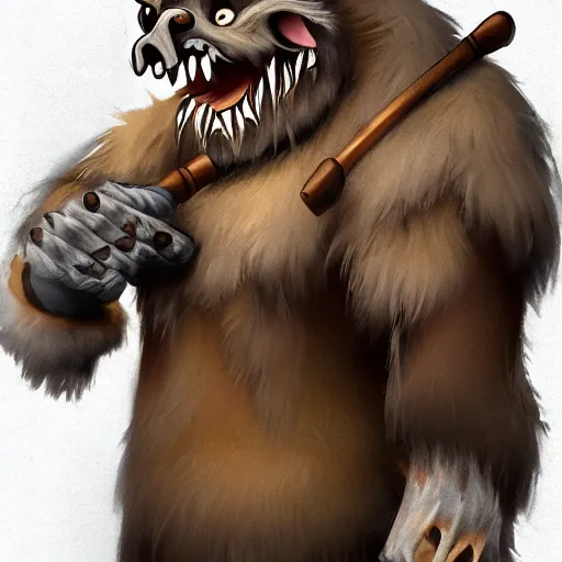 Image similar to Portrait of Grinning Gnoll with a scythe in its hand and brown fur. In style of Hyung-tae Kim, concept art, trending on ArtStation, Korean MMORPG.