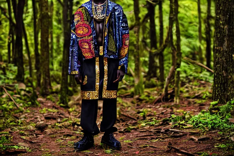 Prompt: versace avant garde male toga intricate textiles streetwear cyberpunk african american black skin in the woods overcast late evening dramatic 3 5 mm professional color