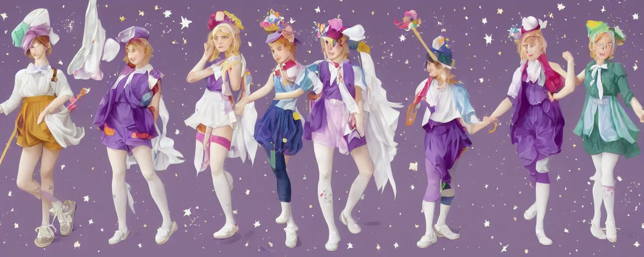 Prompt: A character sheet of full body cute magical girls with short blond hair wearing an oversized purple Beret, Purple overall shorts, Short Puffy pants made of silk, pointy jester shoes, a big billowy scarf, and white leggings. Rainbow accessories all over. Flowing fabric. Covered in stars. Short Hair. Art by Johannes Helgeson and william-adolphe bouguereau and Paul Delaroche and Alexandre Cabanel and Lawrence Alma-Tadema and WLOP and Artgerm. Fashion Photography. Decora Fashion. harajuku street fashion. Kawaii Design. Intricate, elegant, Highly Detailed. Smooth, Sharp Focus, Illustration Photo real. realistic. Hyper Realistic. Sunlit. Moonlight. Dreamlike. Fantasy Concept Art. Surrounded by clouds. 4K. UHD. Denoise.