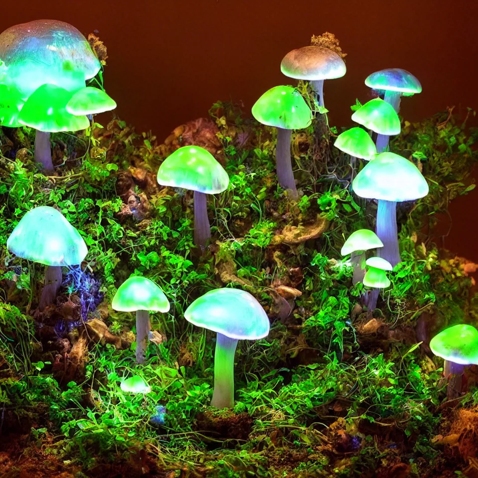 Image similar to a terrarium of bioluminescent magical mushroom with veins