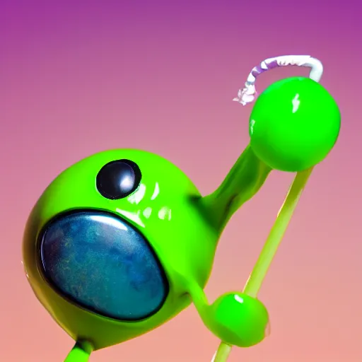 Image similar to one eyed purple alien eating a lollipop made of hardened green slime, it has antennas as ears, signal the camera to get his best side, varying angles, wide shot, golden hour