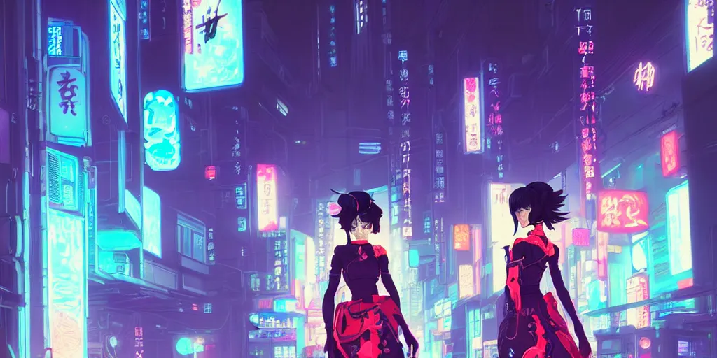 Image similar to digital illustration of cyberpunk geisha in city street at night by makoto shinkai, ilya kuvshinov, lois van baarle, rossdraws, basquiat | afrofuturism, in the style of hearthstone, trending on artstation | cool color scheme