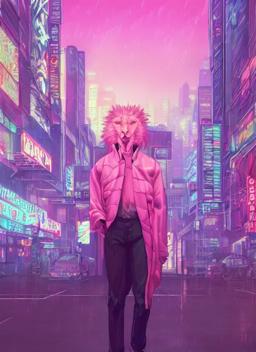 Image similar to beautiful portrait commission of a albino male furry anthro lion wearing a tiger striped jacket. vaporwave city at night in the rain. Neon light. Atmospheric. Character design by charlie bowater, ross tran, artgerm, and makoto shinkai, detailed, inked, western comic book art