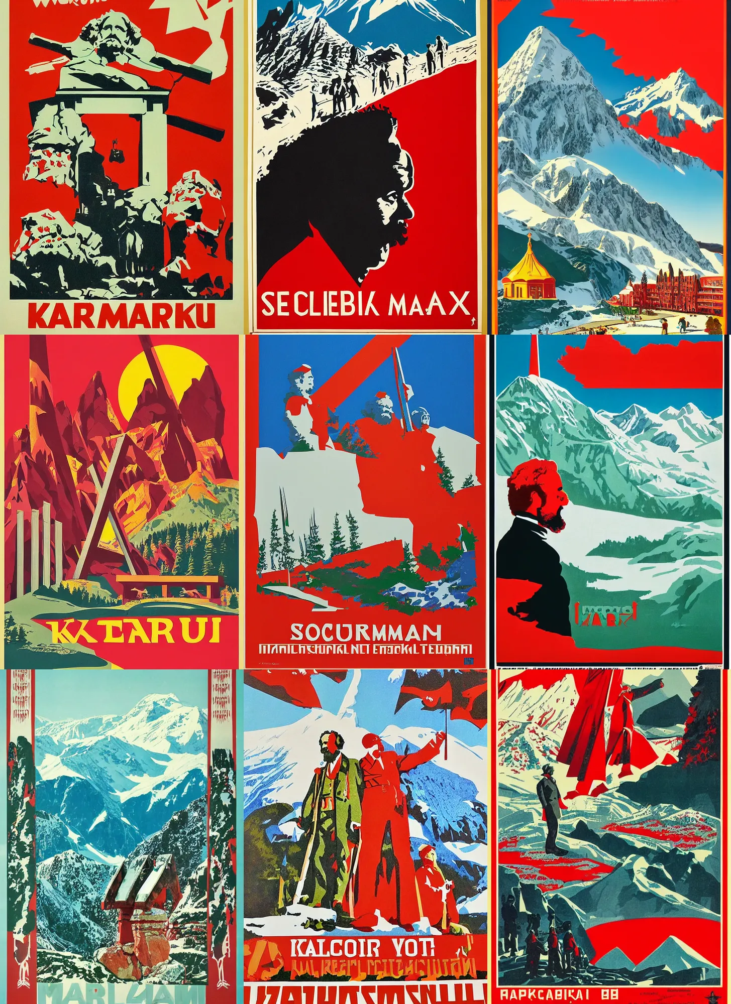 Prompt: welcome to Karl Marx Socialist National Park! hammer, sickle, mountain, vibrant Soviet Tourism Poster