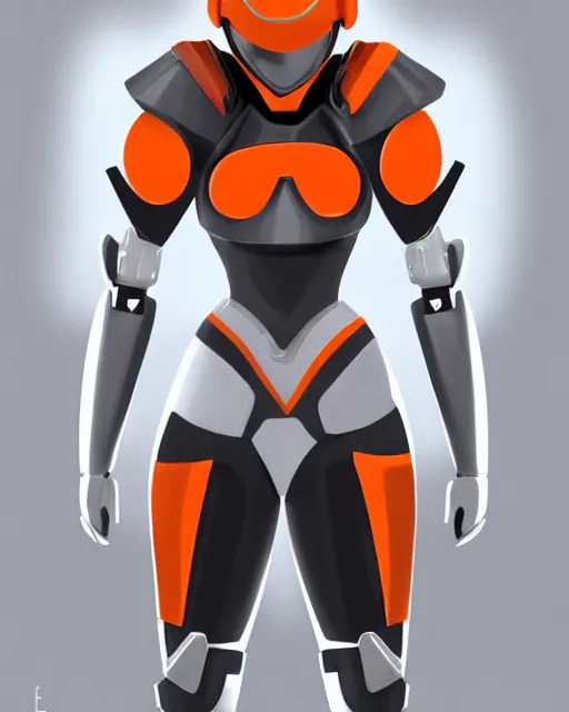 Image similar to concept art of a thicc female futurstic warrior, wearing a futuristic helmet, futurstic smooth slim fitted armor, sleek design, aerodynamic design, holding a large futurstic robotic bow, full body image, white and grey and orange gradient | | epic - fine - clean, polished, trending on artstation, brush strokes