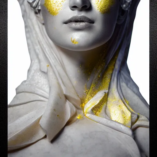 Image similar to portrait statue of evil gorgeous woman, made of white marble with gold, on the dark background, red splatters, hyper realistic, hyper detailed, by johannen voss and michelangelo, octane render, vivid colors