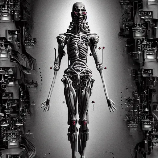 Image similar to the blasphemous caricature of the human body, cyborg, hyperealistic detailed photography, divinity, awful, religious art, cyberpunk