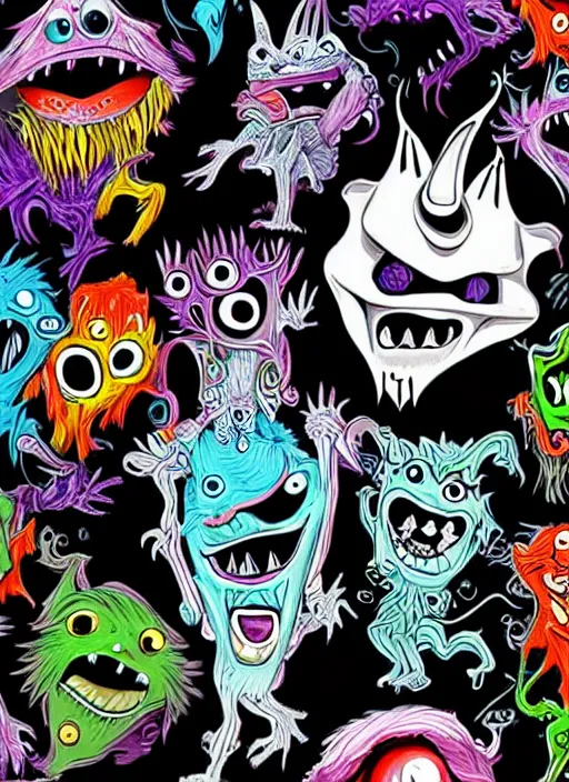 Image similar to beautiful graffiti monsters on black background paper