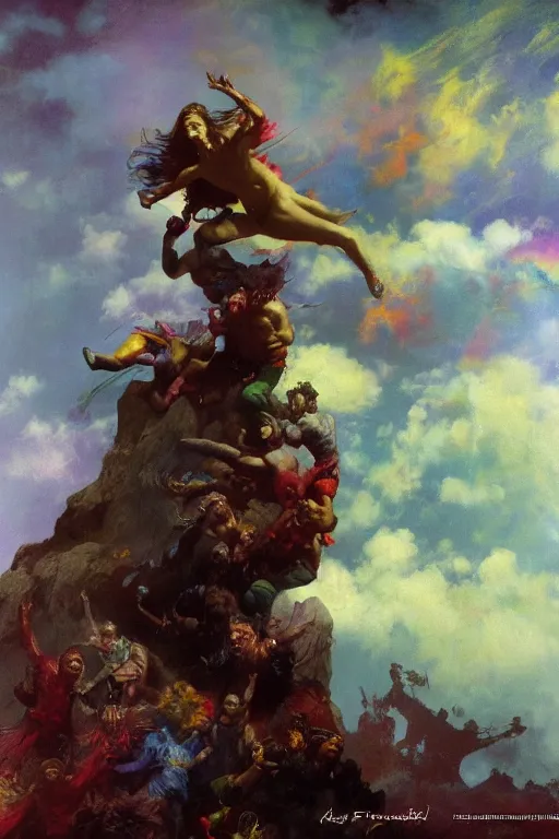 Prompt: rainbow dream, fantasy, trending on art station, highly detailed, dramatic by frank frazetta, ilya repin, 8k,