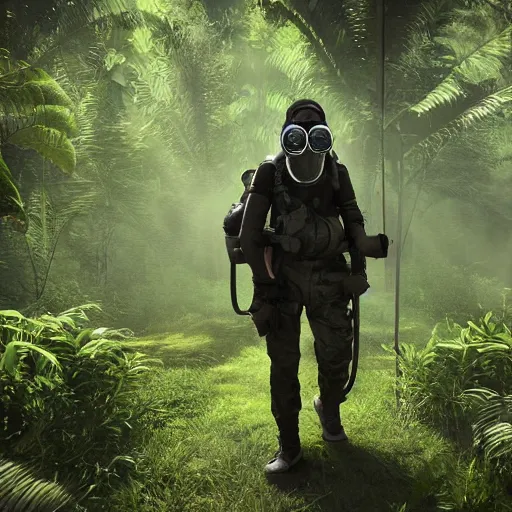 Prompt: a heavily equipped man wearing a gasmask, walking through a lush jungle, realistic octane render, ray traced, god rays, extremely high detail
