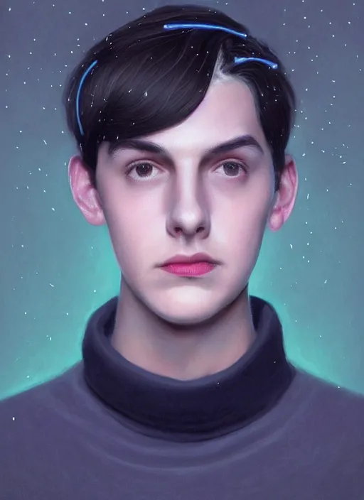 Image similar to portrait of teenage jughead jones wearing a light grey crown, crown, blue turtleneck, 1 9 5 0 s, closed eyes, photorealistic, black hair, glowing lighting, intricate, elegant, glowing lights, highly detailed, digital painting, artstation, concept art, smooth, sharp focus, illustration, art by wlop, mars ravelo and greg rutkowski