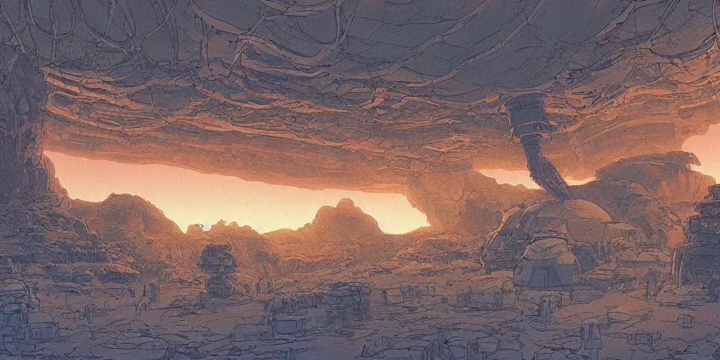 Image similar to natural cave with scifi huge experimental tanks and bizarre creatures in it , low ceiling, cables hanging from ceiling, thick cables on ground, ground perspective, computer screens, neons, top light , epic scene, 8k, illustration, art by ghibli moebius, comics art