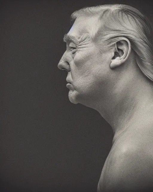 Image similar to a Trump's face in profile, gritty skin, in the style of the Dutch masters and Gregory Crewdson, dark and moody