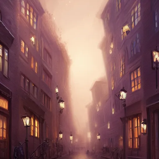 Prompt: a magical town with very tall and extremely crooked buildings, inspired by amsterdam and victorian england, night time, digital painting, highly detailed, concept art, game art, matte painting, trending on artstation