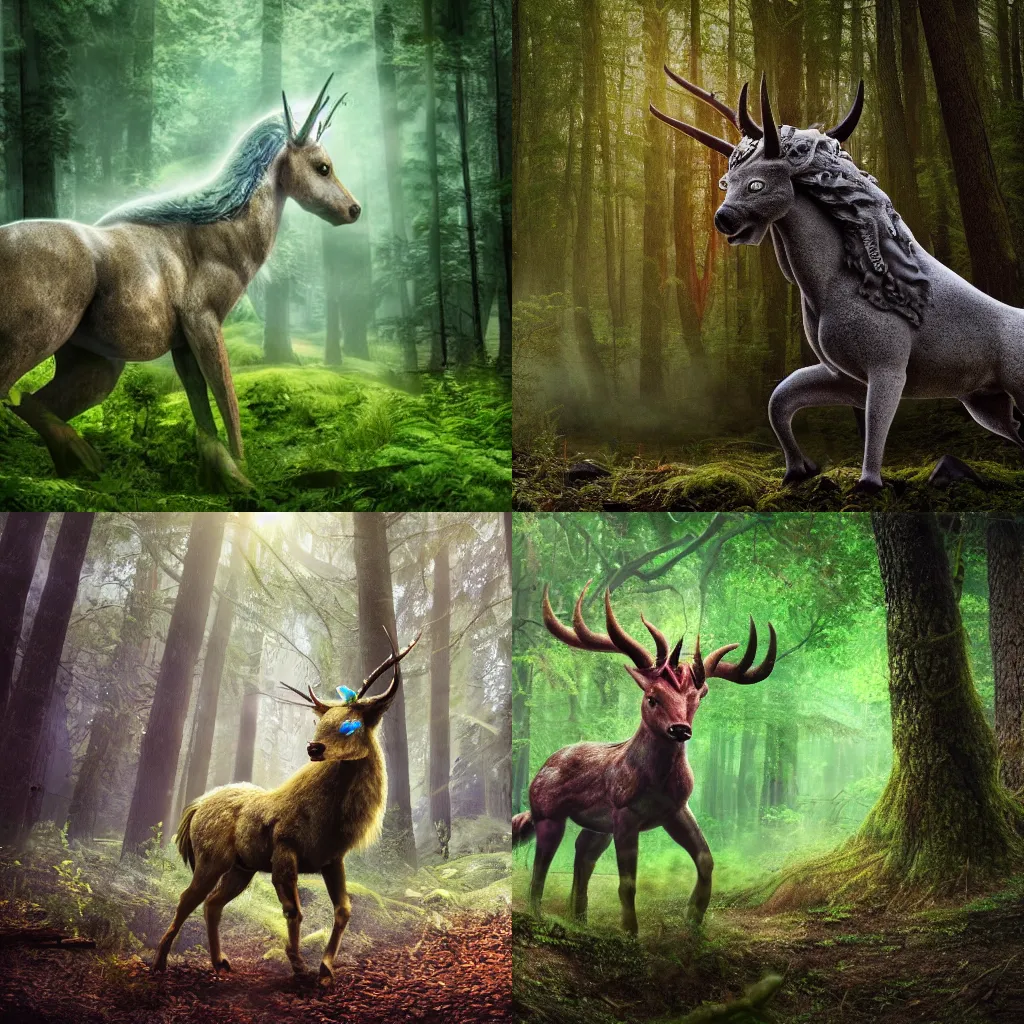 Prompt: Professional Photo Of A Mythical Beast In A Forest, 4K, Photorealistic, Extremely Detailed