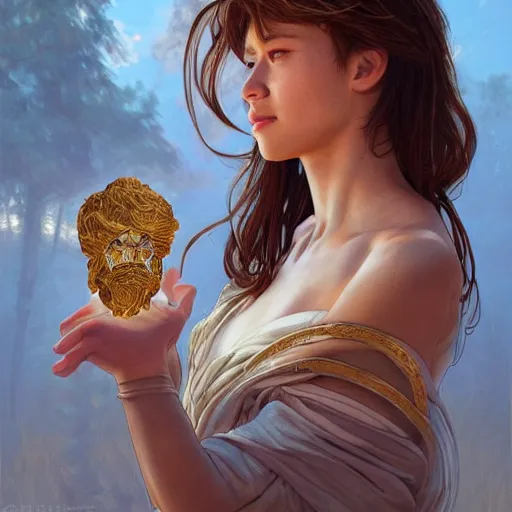 Prompt: clear portrait of namekeyword holding a objectkeyword, golden hour background, cottagecore!!, hyper detailed, character concept, full body, dynamic pose, intricate, elegant, highly detailed, digital painting, artstation, concept art, smooth, sharp focus, illustration, art by artgerm and greg rutkowski and alphonse mucha