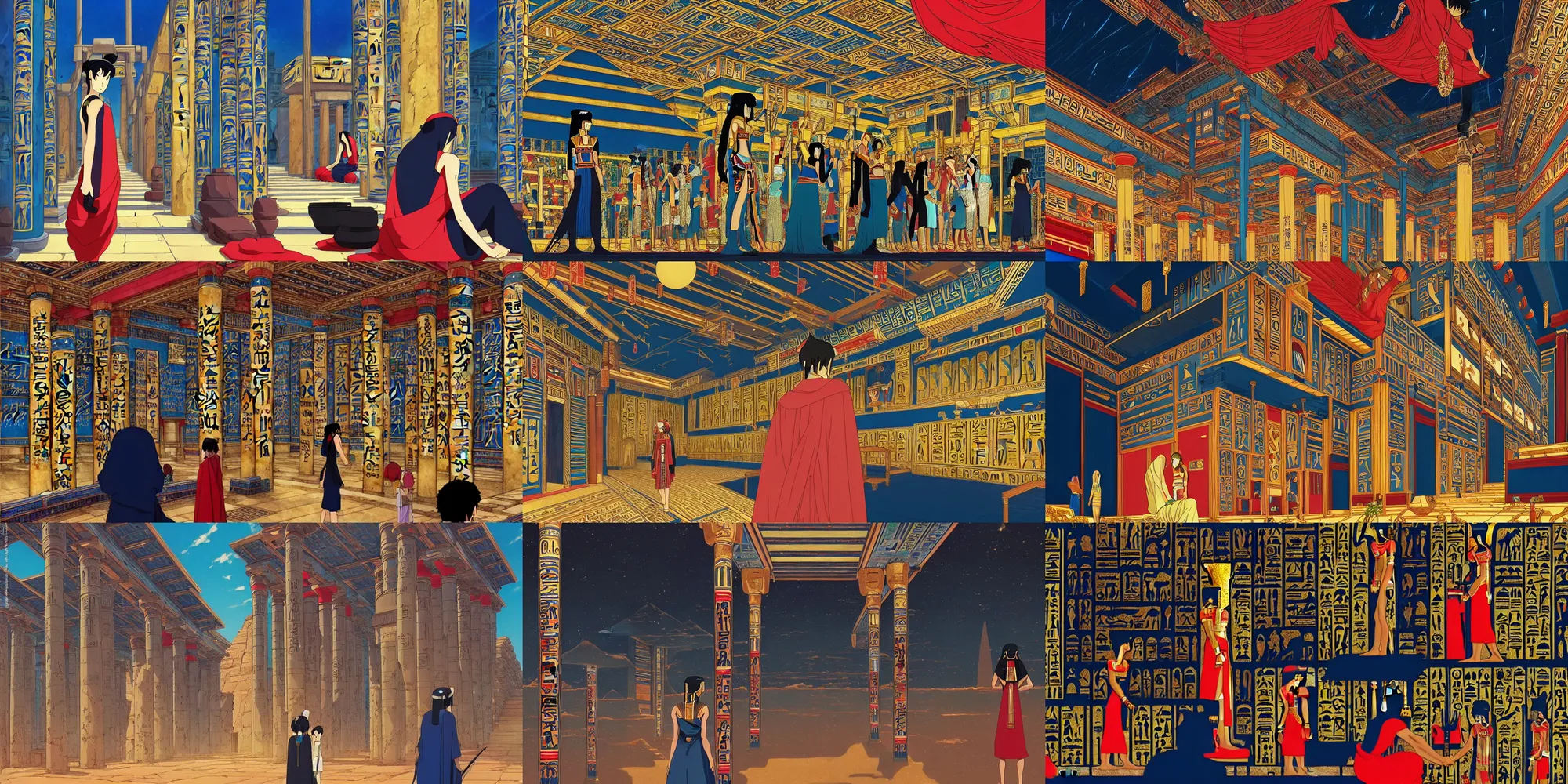 Prompt: ancient egyptian hypostole hall, in black blue gold and red, low angle, beautiful wide shot in anime style by studio ghibli, annie leibovitz, alena aenami