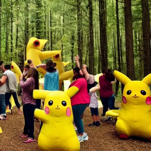 Image similar to photo of a group of people worshipping a giant pikachu in a forest