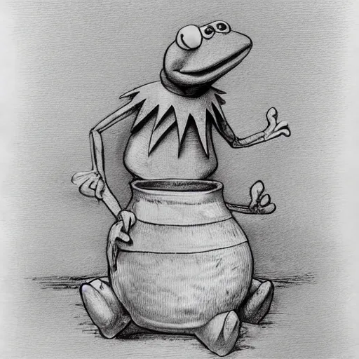 Image similar to Kermit the Frog from Sesame Street by Gustave Dore, full body grayscale drawing