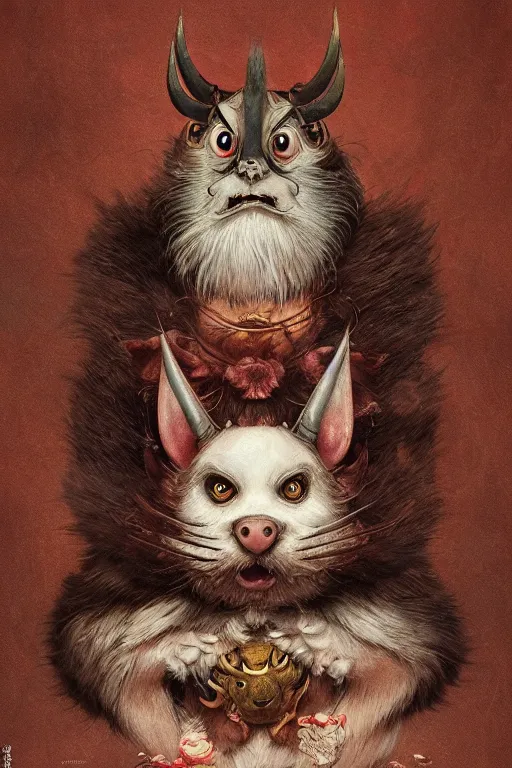 Image similar to a portrait of a cute japanese devil animal pet illustrated by miyazaki by karol bak, james jean, tom bagshaw, rococo, sharp focus, trending on artstation, cinematic lighting, hyper realism, octane render, 8 k, hyper detailed, vivid, ultra detailed, highly detailed