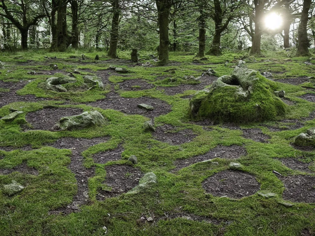 Prompt: Stone circle in an enchanted forest grove, mossy and green, at night with full moon, celtic knot made of wood and bone