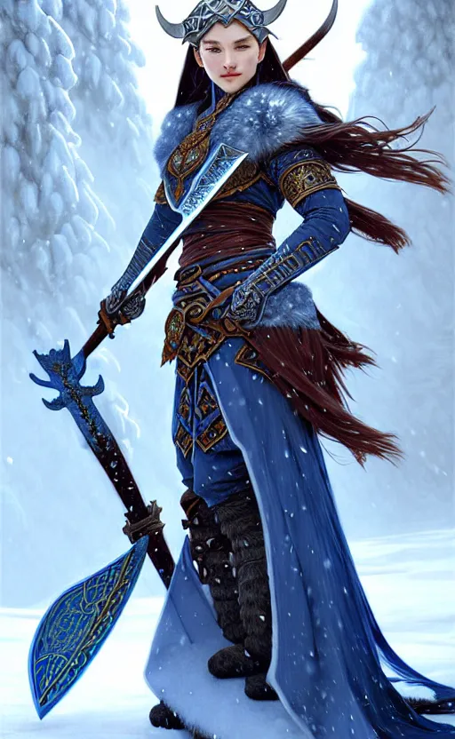 Image similar to azure viking warrior, regal, elegant, winter, snow, beautiful, stunning, hd, illustration, epic, d & d, fantasy, intricate, elegant, highly detailed, wide angle, digital painting, artstation, concept art, smooth, sharp focus, illustration, wallpaper, art by artgerm and greg rutkowski and alphonse mucha and jin xiaodi