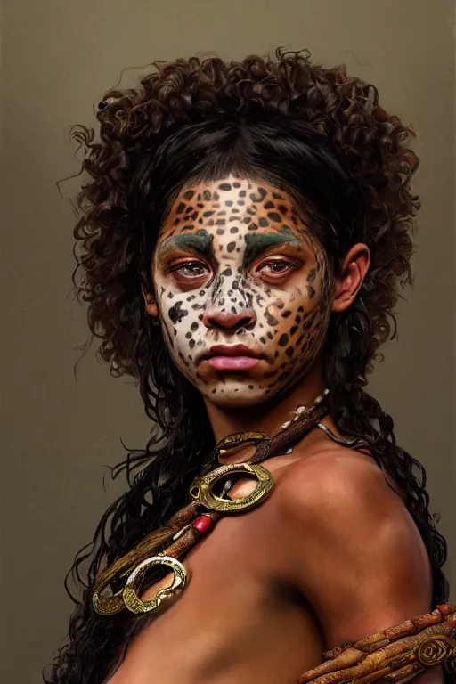 Prompt: portrait of a beautiful young aztec girl with vitiligo, jaguar fur cloths, different colored eyes, curly black and brown hairs, by greg rutkowski and alphonse mucha, d & d character, gradientblack to red, highly detailed portrait, digital painting, artstation, concept art, smooth, sharp focus ilustration, artstation hq